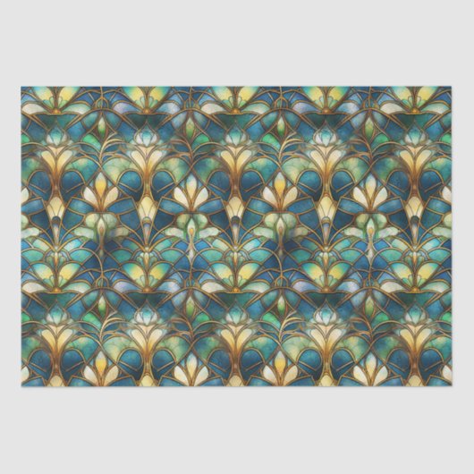 青、ティール（緑がかった色）、金ゴールド孔雀ステンドグラス 薄葉紙 (正面)