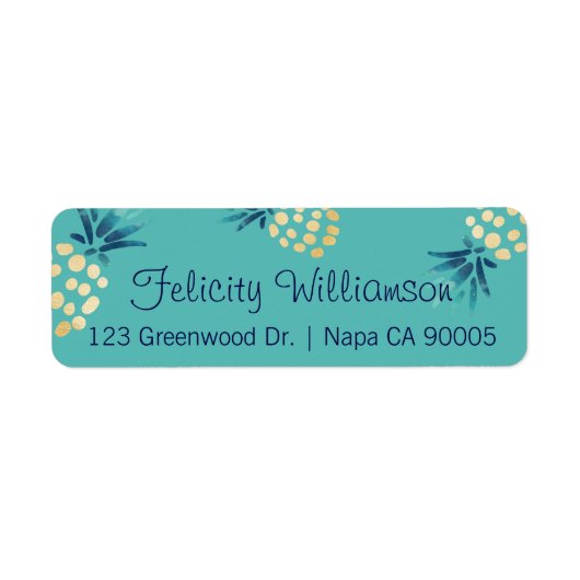 青、ティール(緑がかった色)、金ゴールド熱帯性パイナップルフルーツパターン ラベル (正面)