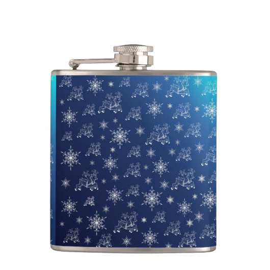青、トナカイ、星、星々、雪の結晶、クリスマス フラスク (正面)