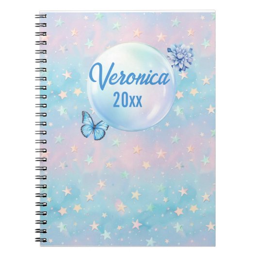 青 – ピンクのグラデーション星付き背景 ノートブック (正面)