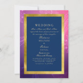 青、ピンク、ゴールドの豪華なインドスタイルの結婚式 招待状 (正面)