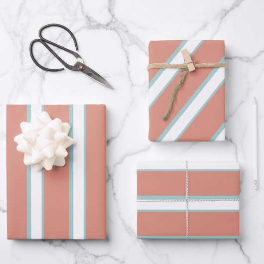 青、ピンク、白のストライプパターン ラッピングペーパーシート (正面)