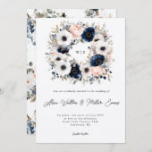 青、ピンク、白のハナビラの花輪 ウェディング 招待状 (正面/裏面)