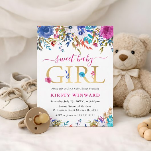 青、ピンク、白の夏の花赤ちゃんシャワー 招待状