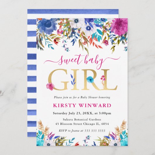 青、ピンク、白の夏の花赤ちゃんシャワー 招待状 (正面/裏面)