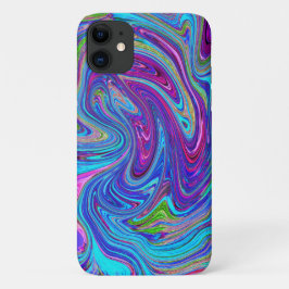 青、ピンク、紫のグルービーな抽象的なレトロアート iPhone 11 ケース