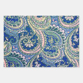 青、ピンク、緑のペイズリーの花葉、 ラッピングペーパーシート (正面)