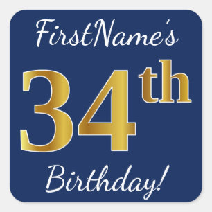 青、フェイクな金ゴールドの第34誕生日 + 名前をカスタムする スクエアシール