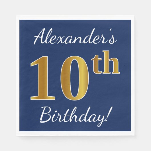 青、フェイク金ゴールド10番目の誕生日+名前をカスタムする スタンダードランチョンナプキン (正面)