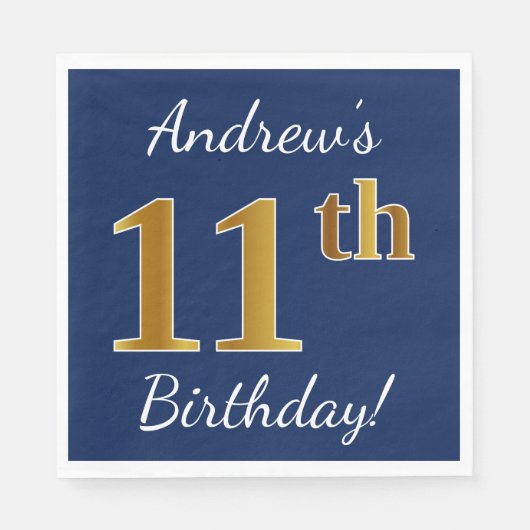 青、フェイク金ゴールド11誕生日+名前をカスタムする スタンダードランチョンナプキン (正面)