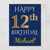青、フェイク金ゴールド12番目の誕生日+名前をカスタムする ポストカード (正面)
