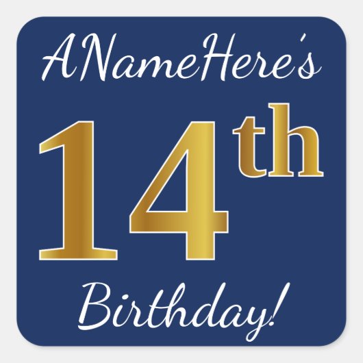 青、フェイク金ゴールド14番目の誕生日+名前をカスタムする スクエアシール (正面)