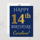 青、フェイク金ゴールド14番目の誕生日+名前をカスタムする ポストカード (正面/裏面)
