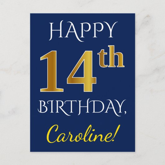 青、フェイク金ゴールド14番目の誕生日+名前をカスタムする ポストカード (正面)