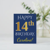 青、フェイク金ゴールド14番目の誕生日+名前をカスタムする ポストカード (スタンド正面)