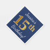 青、フェイク金ゴールド15番目の誕生日+名前をカスタムする スタンダードランチョンナプキン (角)