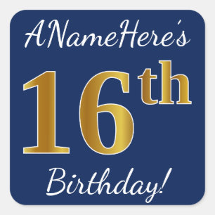 青、フェイク金ゴールド16番目の誕生日+名前をカスタムする スクエアシール