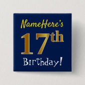 青、フェイク金ゴールド17番目の誕生日、名前をカスタムする付き 缶バッジ (正面)