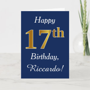 青、フェイク金ゴールド17番目の誕生日+名前をカスタムする カード