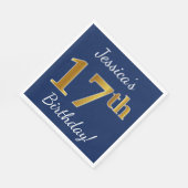 青、フェイク金ゴールド17番目の誕生日+名前をカスタムする スタンダードランチョンナプキン (角)