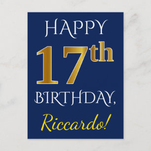 青、フェイク金ゴールド17番目の誕生日+名前をカスタムする ポストカード