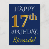 青、フェイク金ゴールド17番目の誕生日+名前をカスタムする ポストカード (正面)