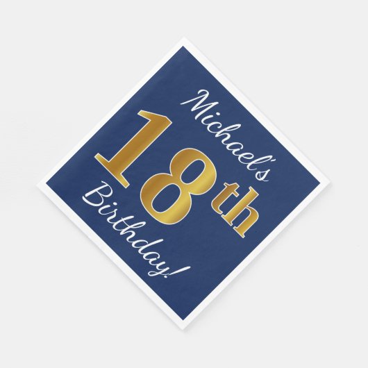 青、フェイク金ゴールド18番目の誕生日+名前をカスタムする スタンダードランチョンナプキン (角)