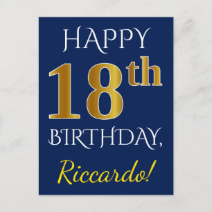 青、フェイク金ゴールド18番目の誕生日+名前をカスタムする ポストカード