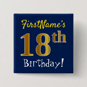 青、フェイク金ゴールド18誕生日、名前をカスタムする付き 缶バッジ