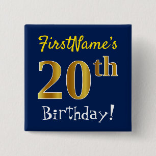 青、フェイク金ゴールド20誕生日、名前をカスタムする付き 缶バッジ