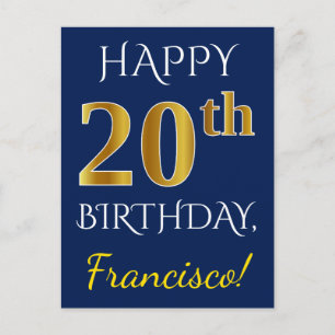 青、フェイク金ゴールド20誕生日+名前をカスタムする ポストカード
