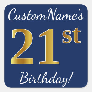 青、フェイク金ゴールド21歳の誕生日+名前をカスタムする スクエアシール