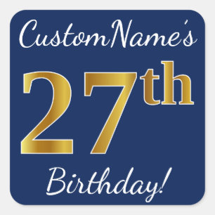 青、フェイク金ゴールド27番目の誕生日+名前をカスタムする スクエアシール