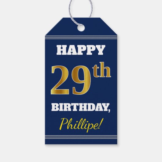 青、フェイク金ゴールド29誕生日+名前をカスタムする ギフトタグ (正面)
