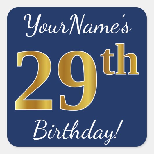 青、フェイク金ゴールド29誕生日+名前をカスタムする スクエアシール (正面)
