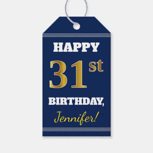 青、フェイク金ゴールド31番目の誕生日+名前をカスタムする ギフトタグ (正面)