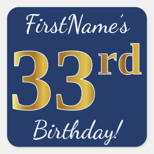 青、フェイク金ゴールド33番目の誕生日+名前をカスタムする スクエアシール
