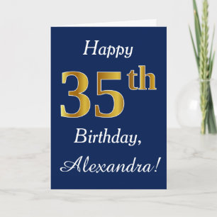 青、フェイク金ゴールド35番目の誕生日+名前をカスタムする カード