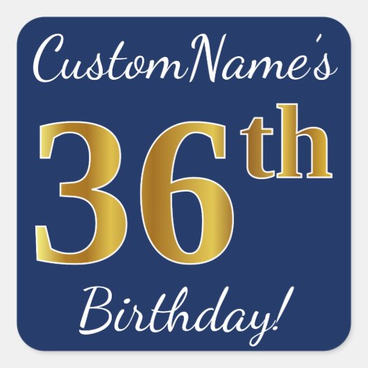 青、フェイク金ゴールド36番目の誕生日+名前をカスタムする スクエアシール (正面)