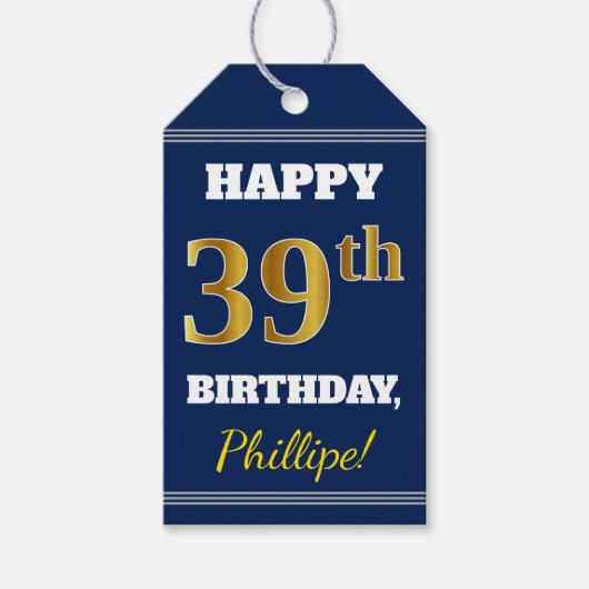 青、フェイク金ゴールド39誕生日+名前をカスタムする ギフトタグ (正面)