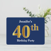 青、フェイク金ゴールド40歳の誕生日パーティー+名前をカスタムする 招待状 (スタンド正面)