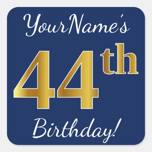 青、フェイク金ゴールド44番目の誕生日+名前をカスタムする スクエアシール (正面)