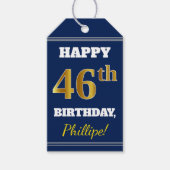 青、フェイク金ゴールド46番目の誕生日+名前をカスタムする ギフトタグ (正面)