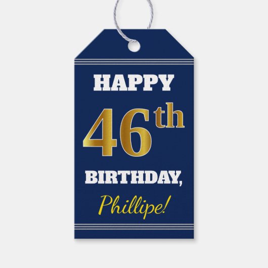 青、フェイク金ゴールド46番目の誕生日+名前をカスタムする ギフトタグ (正面)