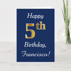 青、フェイク金ゴールド5番目の誕生日+名前をカスタムする カード