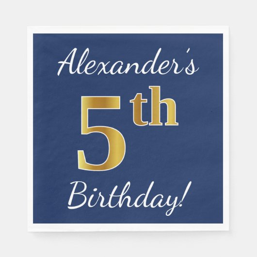 青、フェイク金ゴールド5番目の誕生日+名前をカスタムする スタンダードランチョンナプキン (正面)