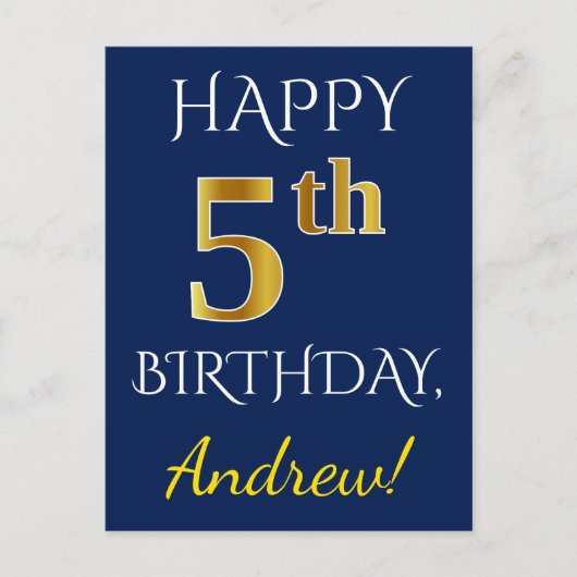 青、フェイク金ゴールド5番目の誕生日+名前をカスタムする ポストカード (正面)