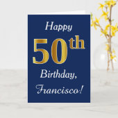 青、フェイク金ゴールド50番目の誕生日+名前をカスタムする カード (黄色い花)