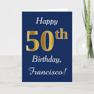 青、フェイク金ゴールド50番目の誕生日+名前をカスタムする カード