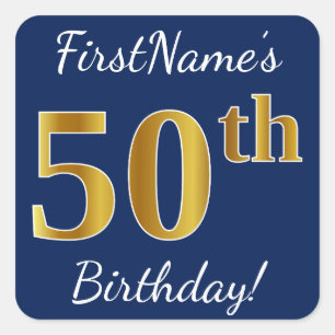 青、フェイク金ゴールド50番目の誕生日+名前をカスタムする スクエアシール